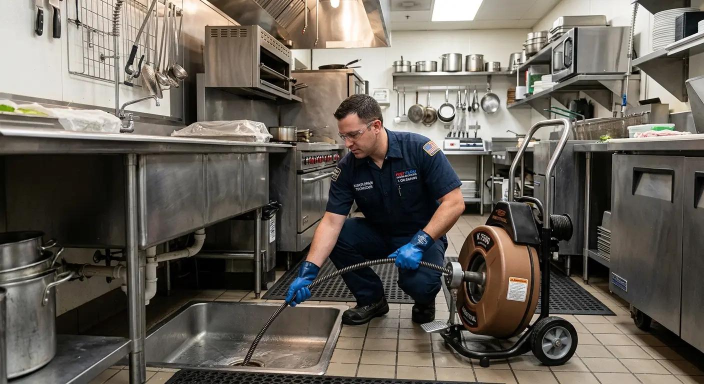 Commercial drain cleaning service in a restaurant kitchen in Forest