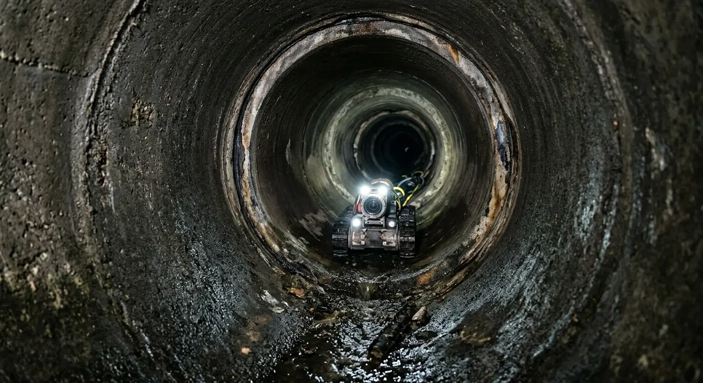 Robotic sewer camera inspecting pipe interior for Sewer Line Cleaning in Forest