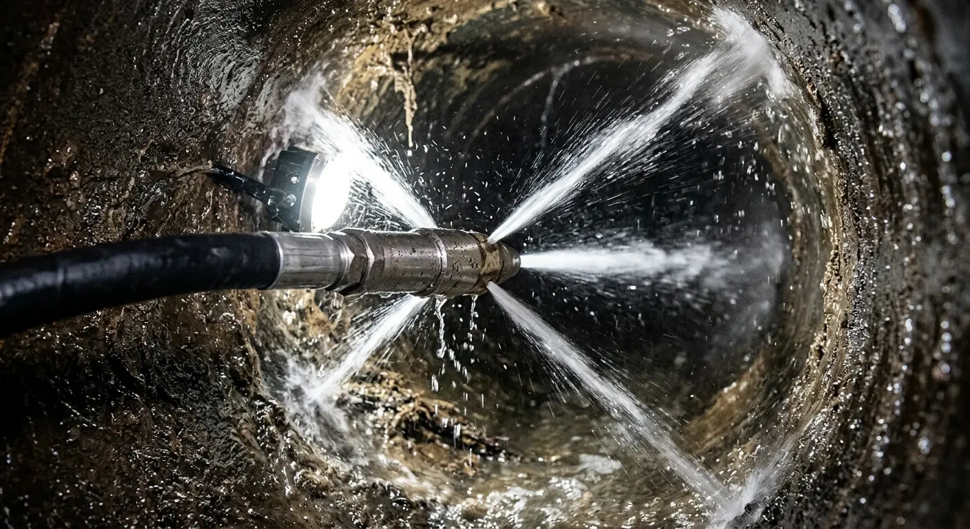 High-pressure hydro jetting nozzle cleaning sewer pipe for Emergency Drain Service in Forest