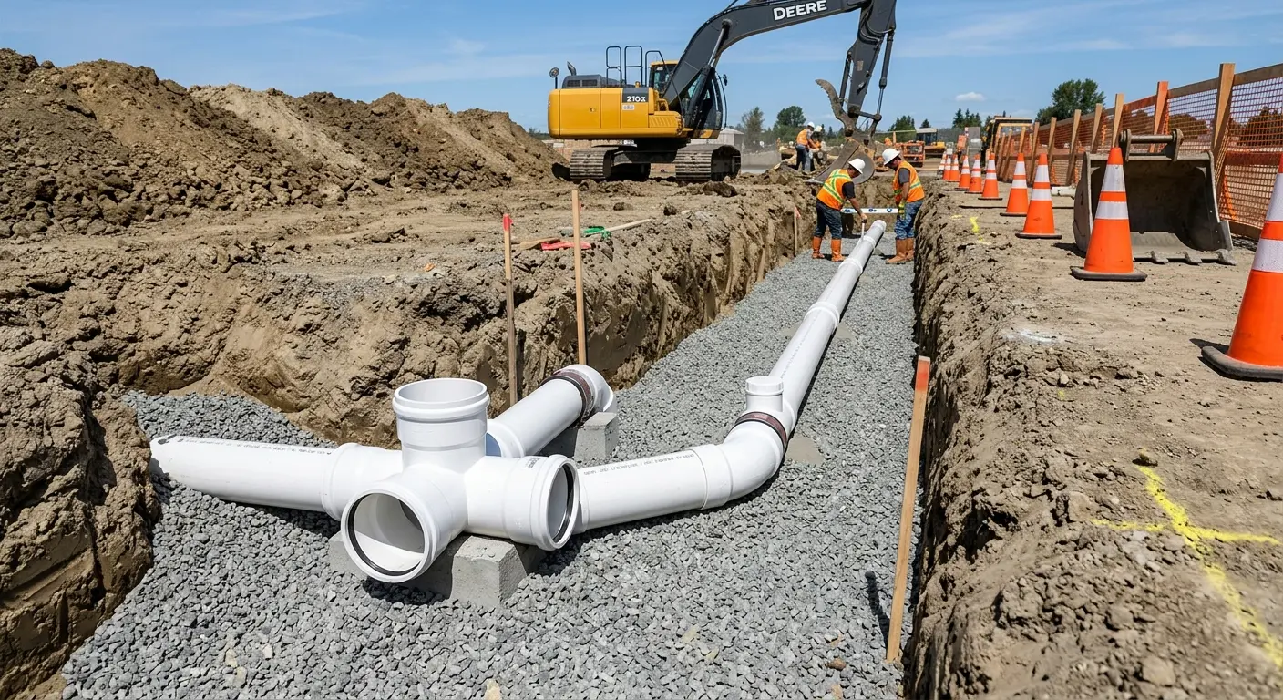 New PVC sewer pipe installation in open trench for Sewer Backup in Forest