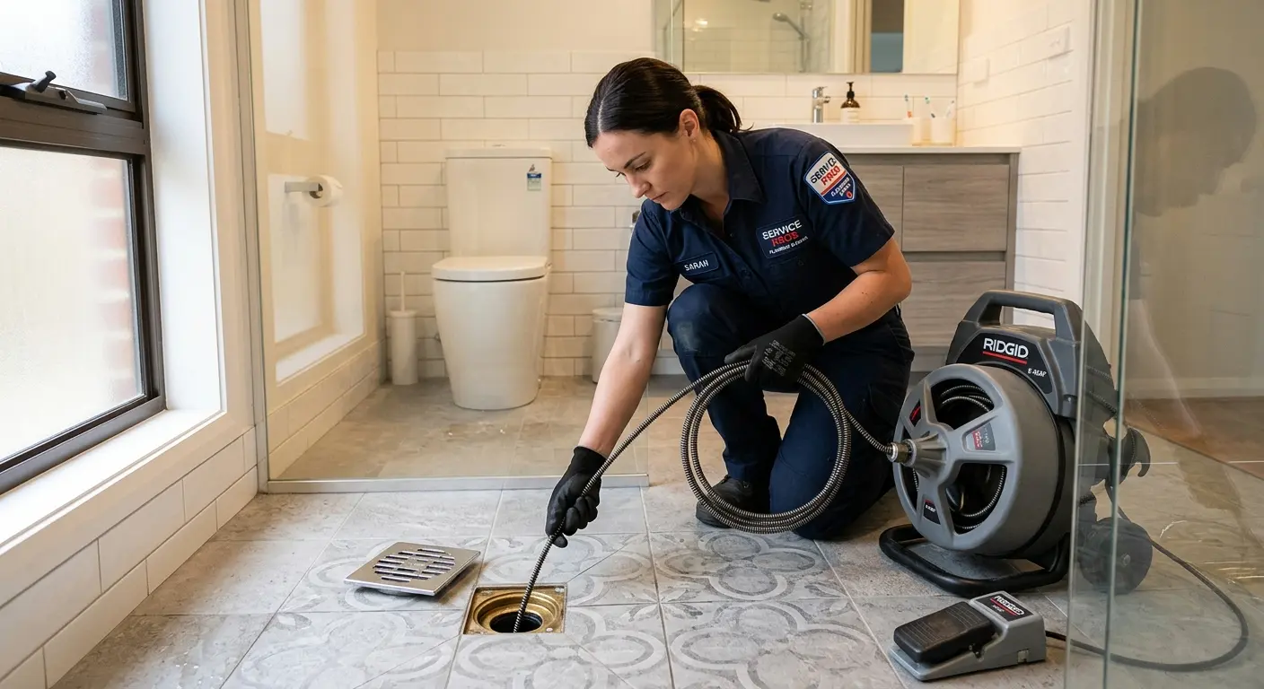Technician clearing a bathroom floor drain for Drain Cleaning in Forest